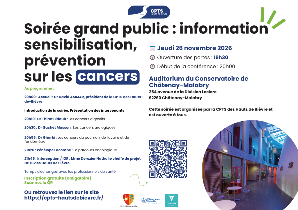 Soirée grand public d'information sur les cancers le 26 11 2026 à Chatenay Malabry. CPTS des Hauts de Bièvre.