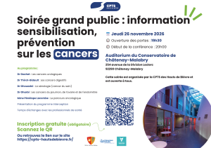Soir&eacute;e grand public d'information sur les cancers le 26 11 2026 &agrave; Chatenay Malabry. CPTS des Hauts de Bi&egrave;vre.